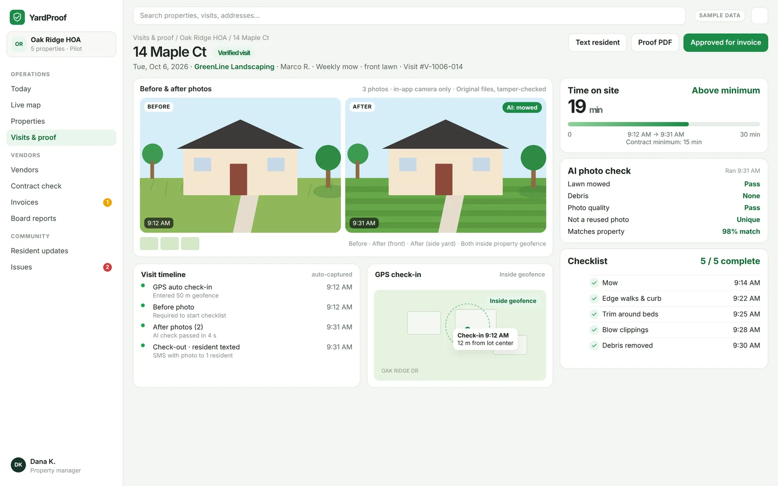 Visit proof for 14 Maple Ct with before and after photos, 19 minutes on site, a GPS check-in, checklist, and AI photo check. Sample data.