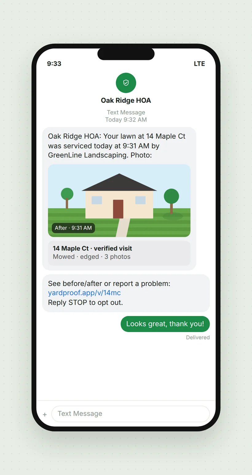 Text message confirming that 14 Maple Ct was serviced at 9:31 AM by GreenLine Landscaping, with the after photo attached. Sample data.
